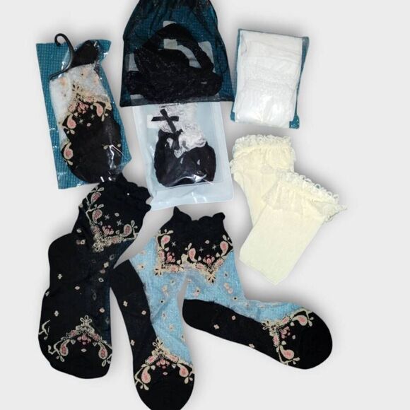 Womens Socks (7) OS Ankle Ruffle Black Sheer Floral Coquette Whimsicore Princess - Picture 1 of 5